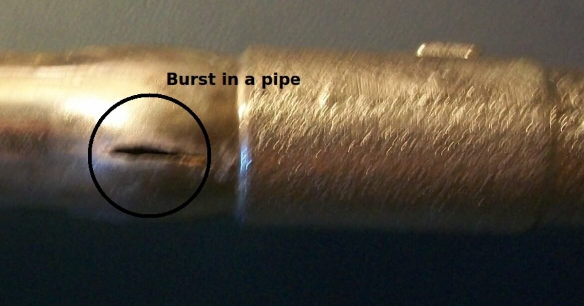 A residential water pipe that burst after freezing, illustrating the damage winter freeze prep helps prevent